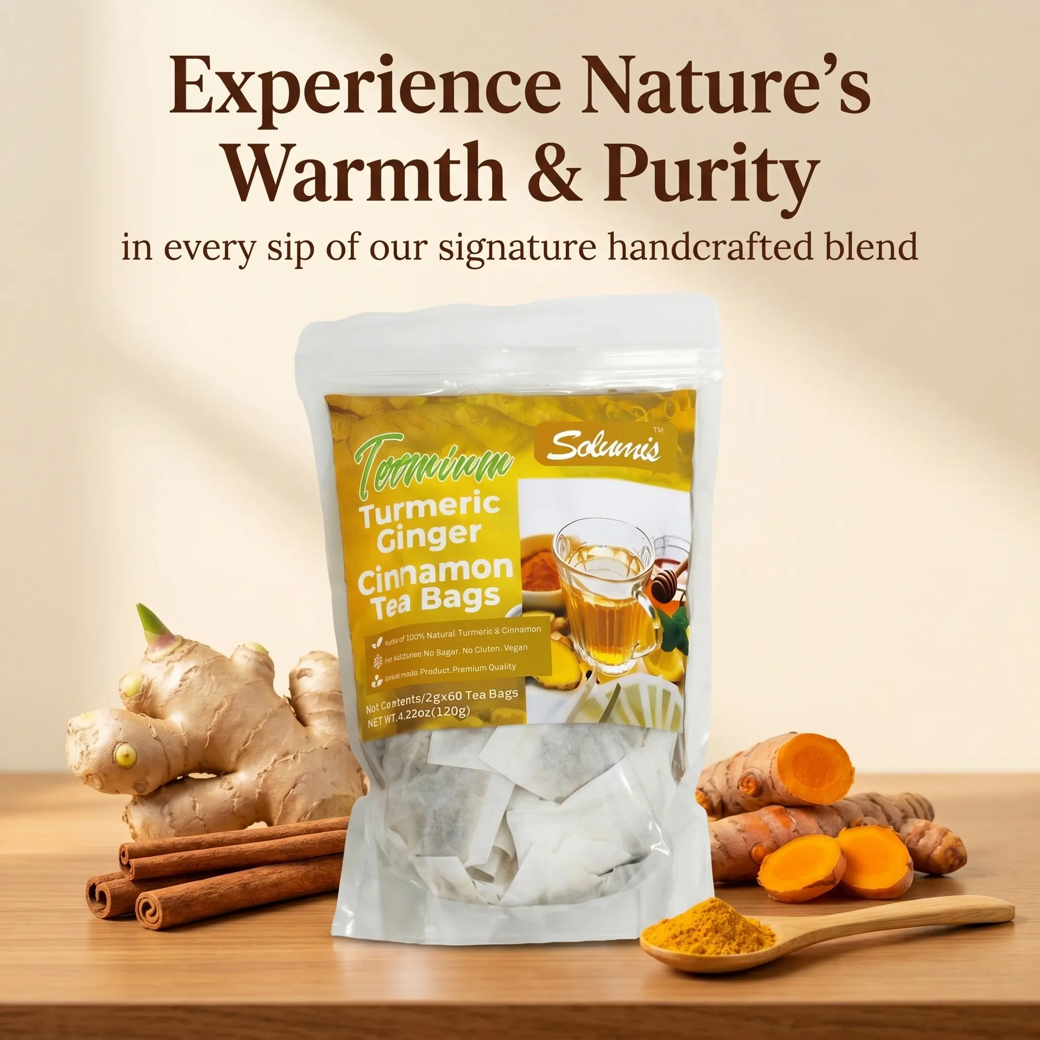 Turmeric Ginger Cinnamon Herbal Tea Bags (60 Count) – Low Sugar, Caffeine-Free, Vegan, Natural Antioxidant Wellness Beverage for Women in Their 30s, Herbal Tea Combination for Wellness Support