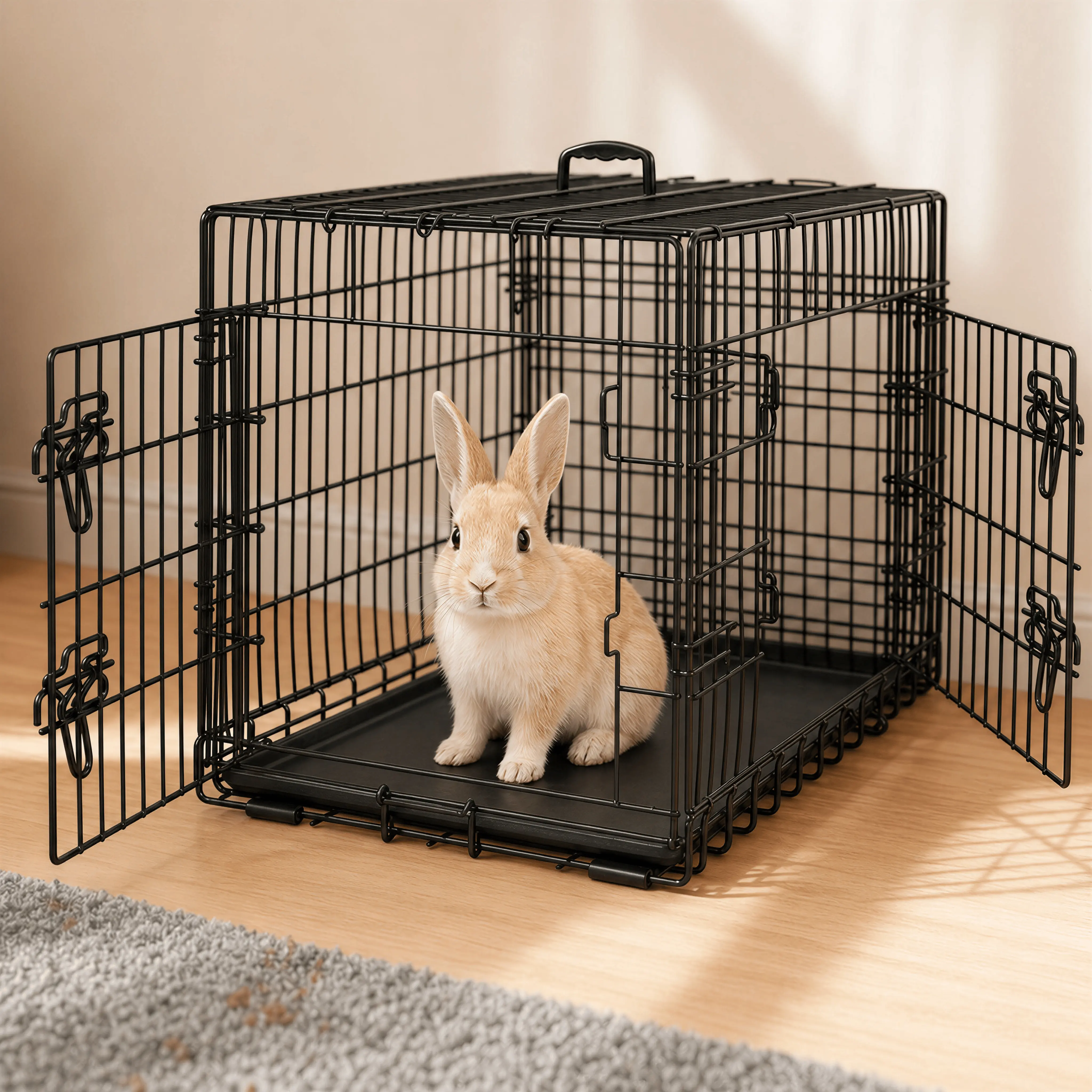 Costoffs 36" L×22.5" W×25" H Collapsible Metal Wire Mesh Rabbit Crate - Foldable Kennel with Adjustable Divider, Double Door, Removable Easy Clean Tray, Water-Resistant Black for Indoor, Travel