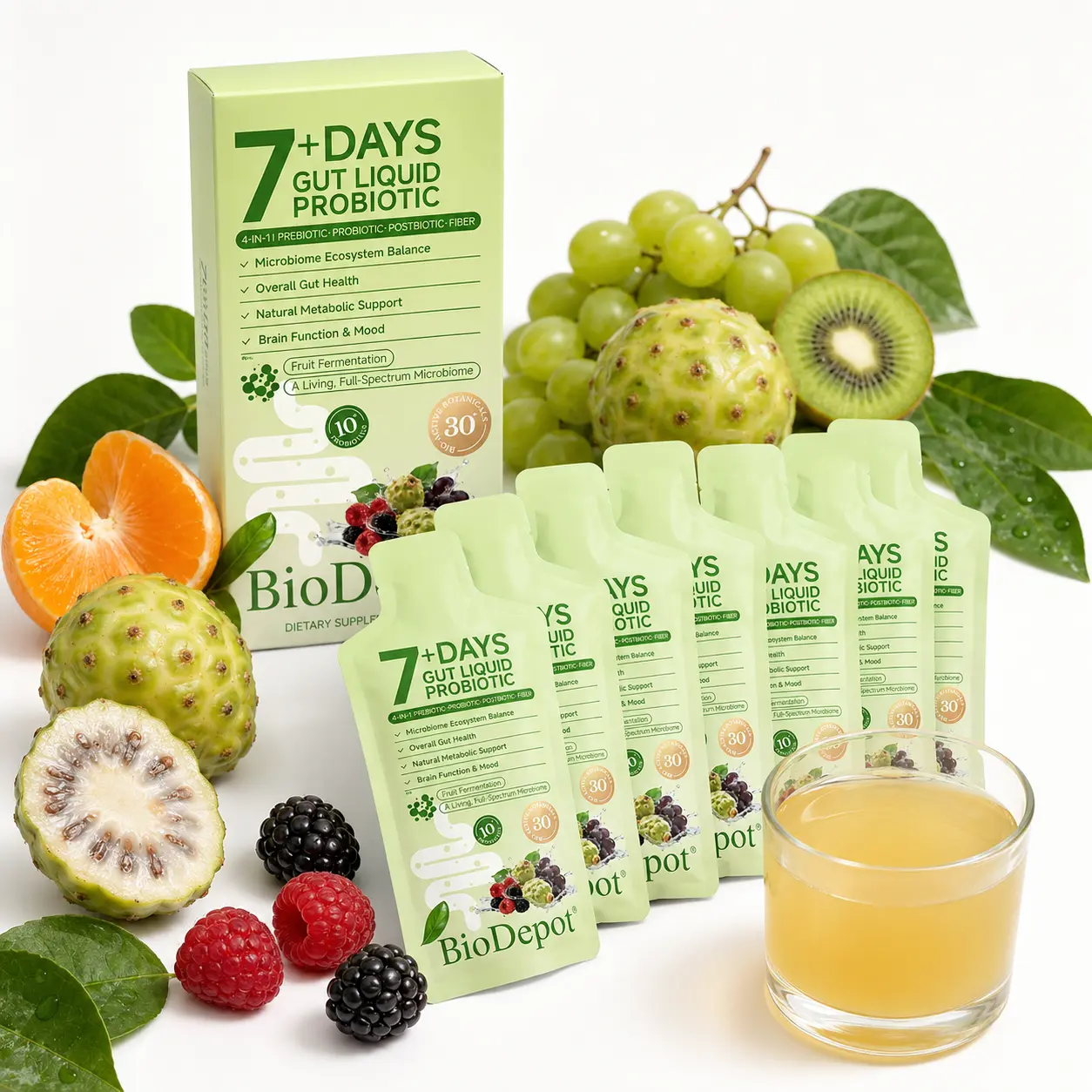 BioDepot Natural Edible Liquid Probiotics + Prebiotics + Postbiotics Fiber Drink (Raspberry) - Easy to Swallow, Drug-Free, 24-Month Shelf Life, Digestive Support, Occasional Bloating Relief, All Natural Ingredients, Supports Refreshed Daily Routine, Suppl