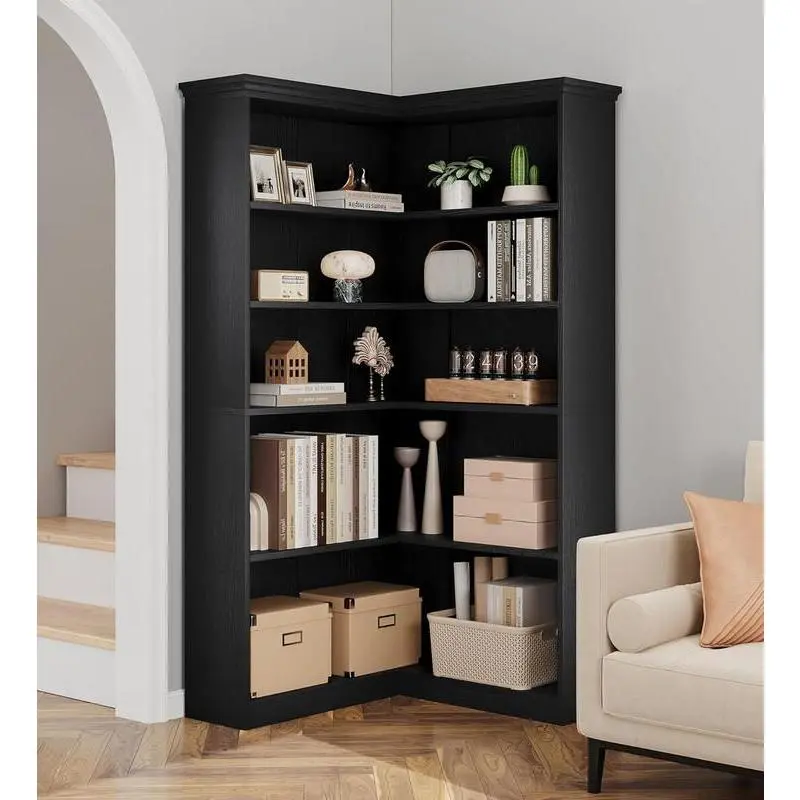 72.8in Farmhouse L-Shaped Corner Wood Bookshelf - Tall 5-Tier Full Panel Storage Corner Shelf for Living Room, Bedroom (Black)