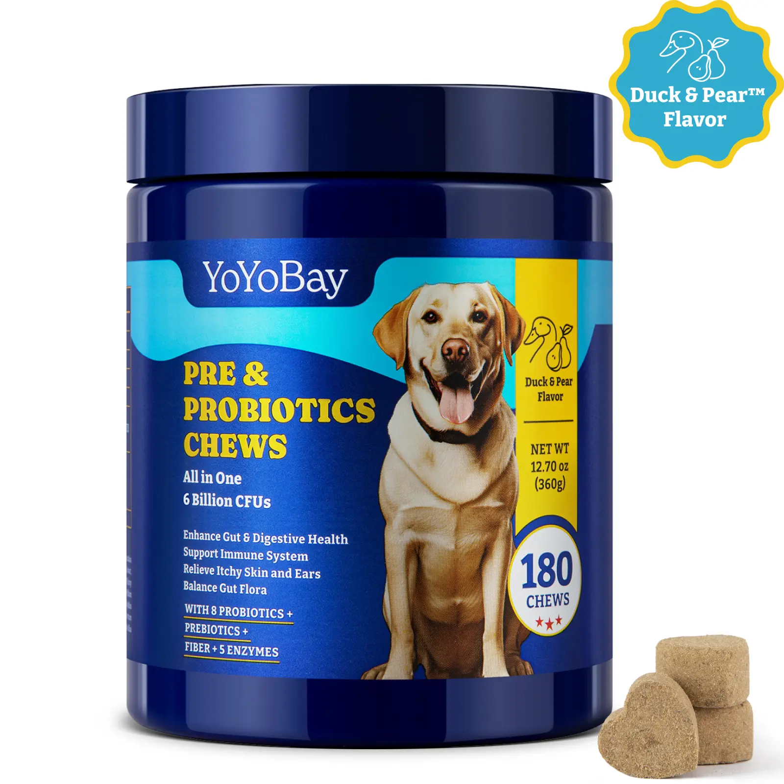 Dog Chewable Probiotics Supplement - 6B CFUs Daily, 8 Probiotics, 5 Enzymes, Prebiotics, Duck & Pear Flavor, Gentle Yeast Care, Digestive/Gut Health Support, 180 Soft Chews for Easy Dosing