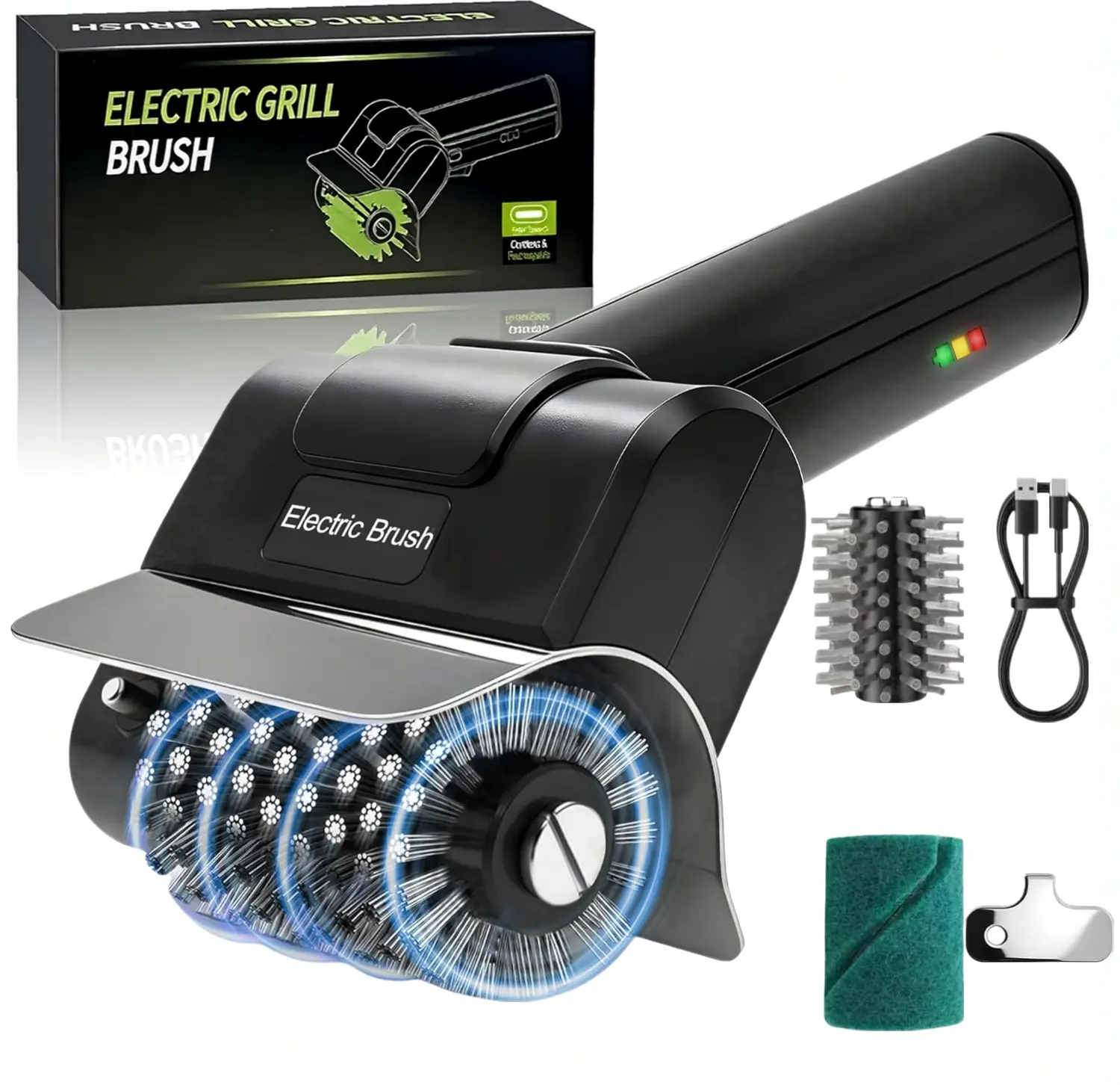 Wireless Cordless USB Rechargeable Electric BBQ Cleaning Brush - High-Speed Motor, Heavy-Duty Stainless Steel Bristles, Detachable Scouring Pad Head, Automatic Grate Cleaner, Essential Grilling Accessories for Fathers, Husbands