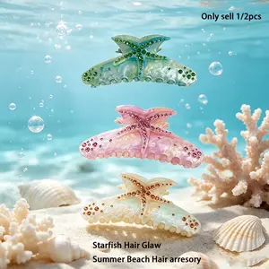 1/2PCS Starfish Decor Hair Claw, Ocean Series Hair Claw Clips, Wavy Claw, Rhinestone Decor Claw Clip, Fashion Hair Accessories for Women & Girls, Minimalist Headwear Suitable, Summer Beach Strong Hold Jaw Barrettes