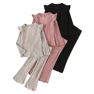 6-piece girl spring and autumn rib knitted long-sleeved trousers suit children's round neck solid color leisure and comfortable suit