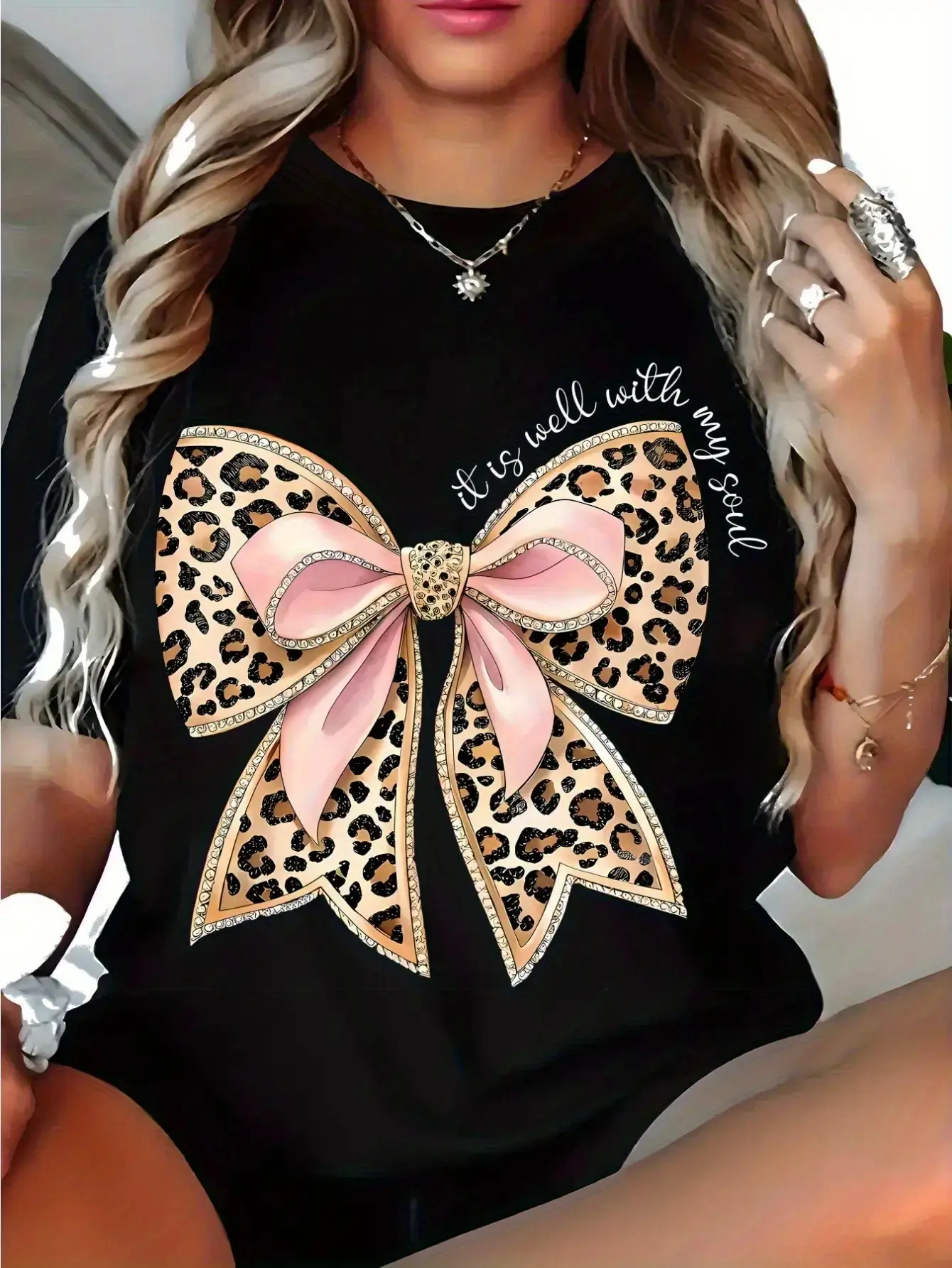 Women's Summer Short Sleeve T-Shirt - Cute "My Soul is Good" Slogan with Leopard Print & Pink Bow Detail, Black Round Neck Casual Blouse, Machine Washable Everyday Summer Top for good soul output!
