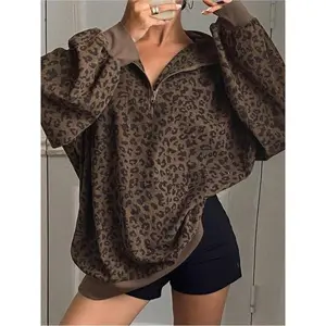 Women’s casual leopard print zip-up hoodie — long sleeves, relaxed fit, half-zip design, retro brown and black style, suitable for spring/autumn
