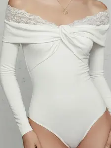 Off  Shoulder Lace Trim Long Sleeve White Bodysuit
