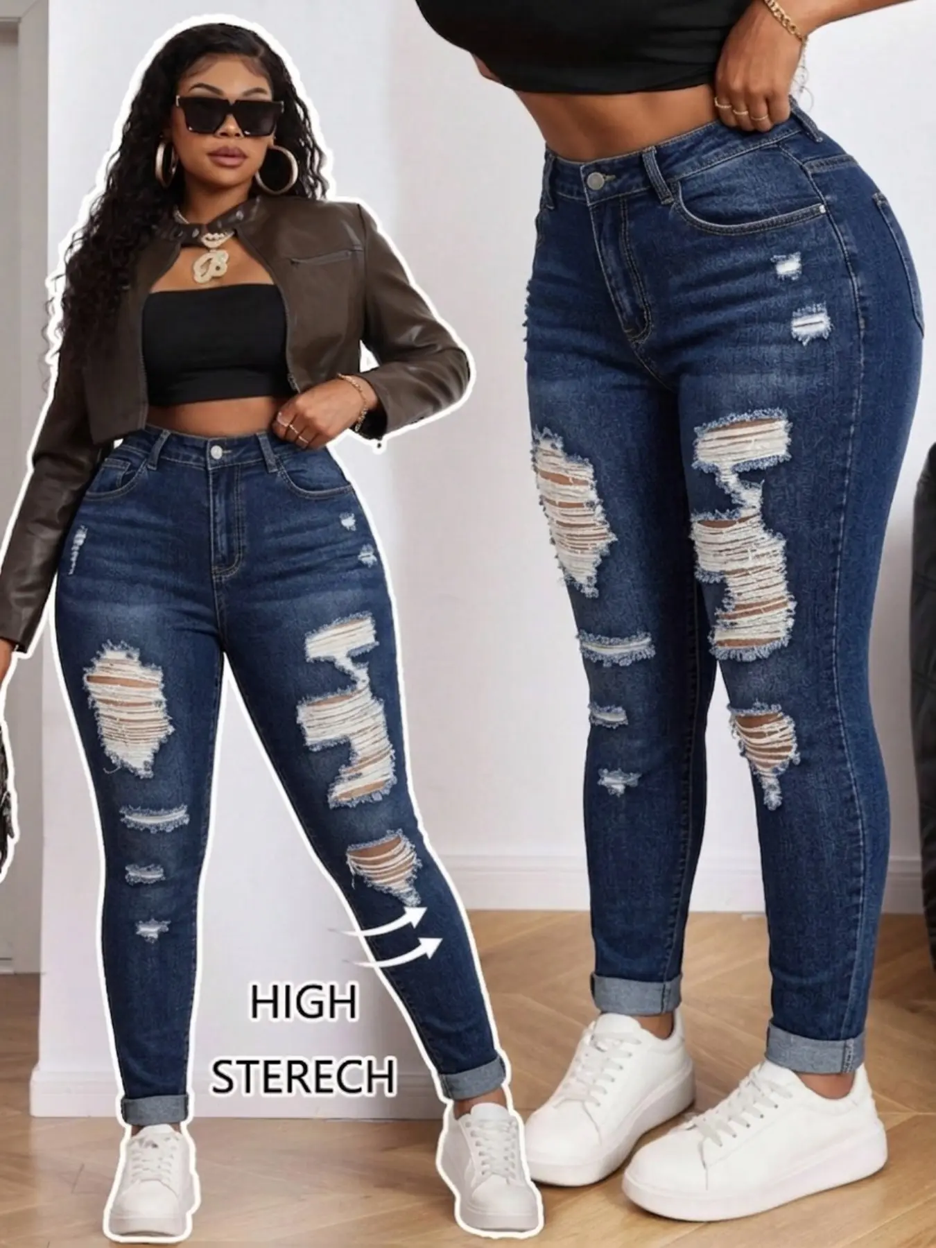 Women's Plus Size Button Fly Dark Wash Denim Pants, High Stretch Skinny Jeans, Ripped Design, Y2K Style, Streetwear, Casual Fashion Long Trousers, Suitable for All Seasons