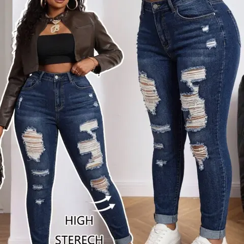 Women's Plus Size Button Fly Dark Wash Denim Pants, High Stretch Skinny Jeans, Stretchy Denim Jeans, Ripped Design, Y2K Style, Streetwear, Casual Fashion Long Trousers, Suitable for All Seasons