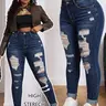 Women's Plus Size Button Fly Dark Wash Denim Pants, High Stretch Skinny Jeans, Stretchy Denim Jeans, Ripped Design, Y2K Style, Streetwear, Casual Fashion Long Trousers, Suitable for All Seasons