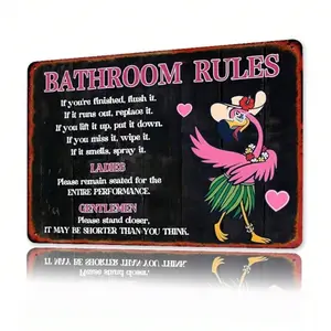 BECO 1pc Fun Flamingo Bathroom Rules Metal Sign, Retro Farmhouse Style Wall Decor, Rustic Farmhouse Design With Vintage Tin Finish, Pink Black Humorous T, Vintage Plaque