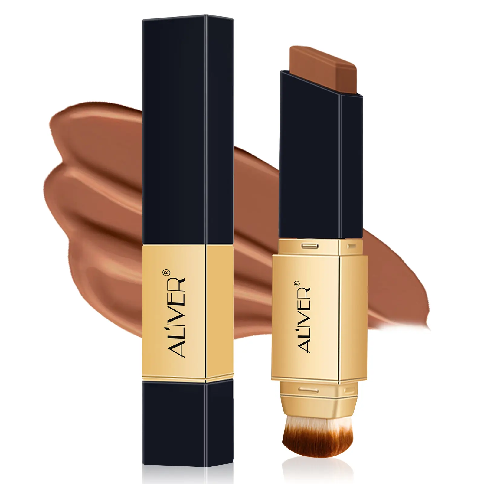 ALIVER 2-in-1 Design Foundation & Brush (Natural Tan) - Dual-Action Full Coverage Waterproof Sweat-Proof Color Changing Concealer Stick with Makeup Stick Foundation Benefits, Face Foundation