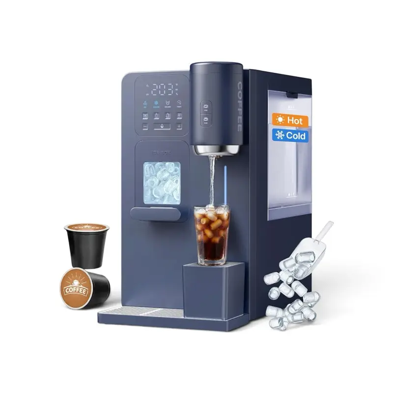 3-in-1 Water Dispenser with Ice Maker - Hot/Cold/Warm Water, Adjustable Water Volume, Countertop, Compact Coffee Brewer for Home & Office, Deep Navy