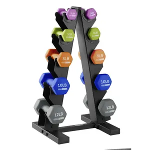 HolaHatha 3, 5, 8, 10, & 12 Pound Neoprene Hexagon Dumbbell Weight Set w/Stand strength training