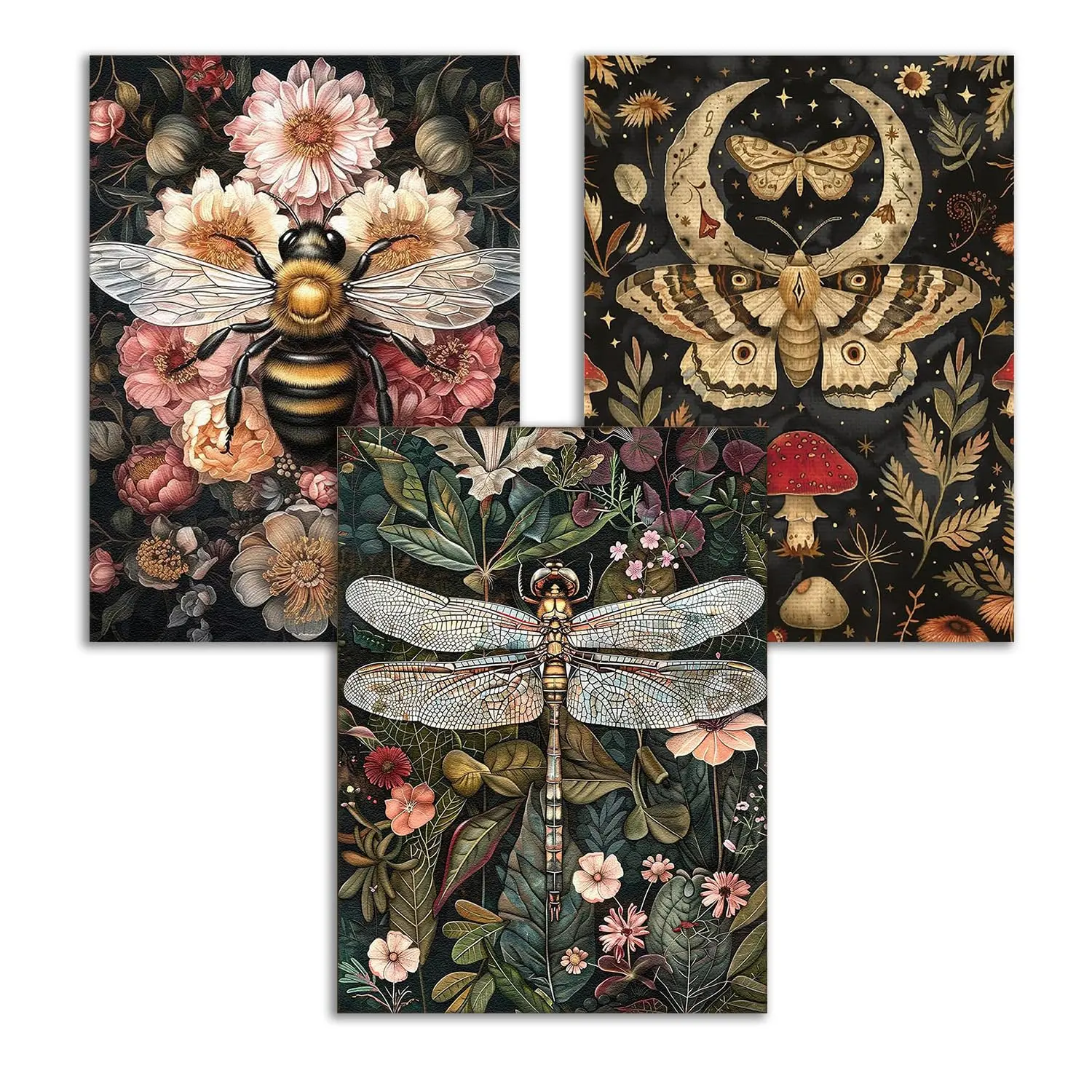 Rymilie 3-Pack Vintage Theme Diamond Painting Kits for Adult Beginners - 5D Full Dots Diamond Art Tools, Ready-to-Start Kit Makes Gifting Easy, Home Wall Decoration DIY Crafts (Dragonfly, Moth, Bee Designs)