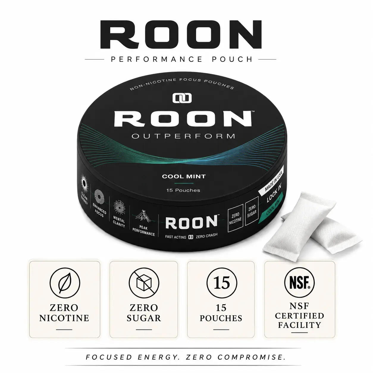 Roon Focus Pouches - 15ct Nicotine-Free Caffeine Pouches with Nootropics for Clean Energy and Focus No Crash