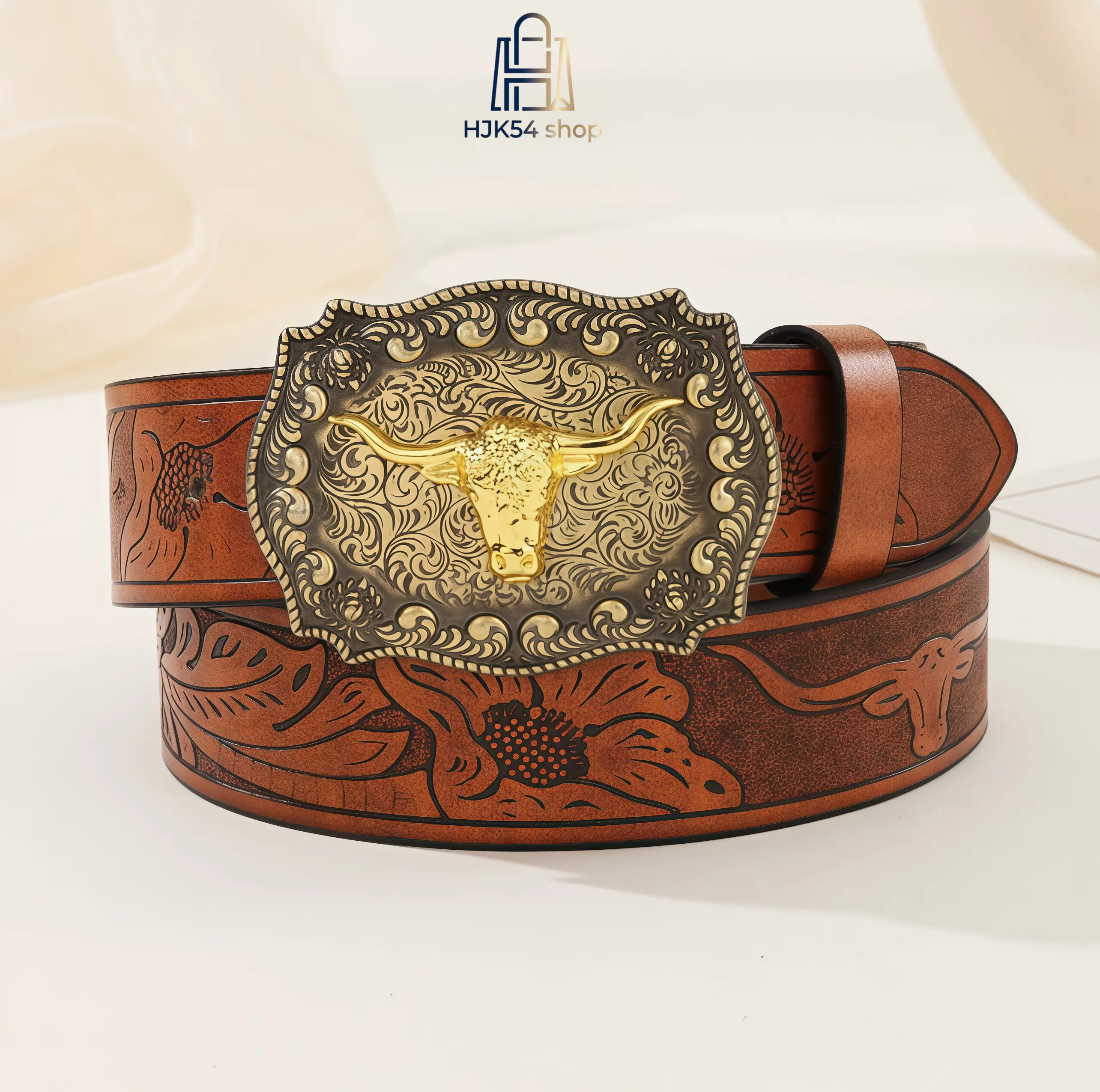 Western Cowboy Longhorn Bull Buckle Leather Belt, Retro Engraved Floral Embossed Cowboy Belt, Vintage Style Brown/Black PU Leather Belt for Jeans, Cowboy, Rodeo, Country Outfits for Men & Women
