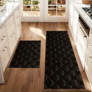 2Pcs Black leather material print Floor mat set including farmhouse dining room flooring laundry room decorative carpet mat Kitchen Area Rug