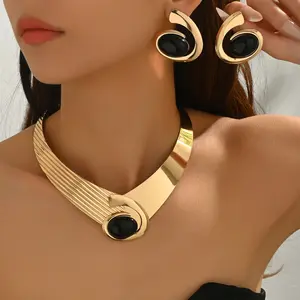 Women's Jewelry: Statement Necklace and Versatile Earrings Featuring Geometric Gemstone Inlays