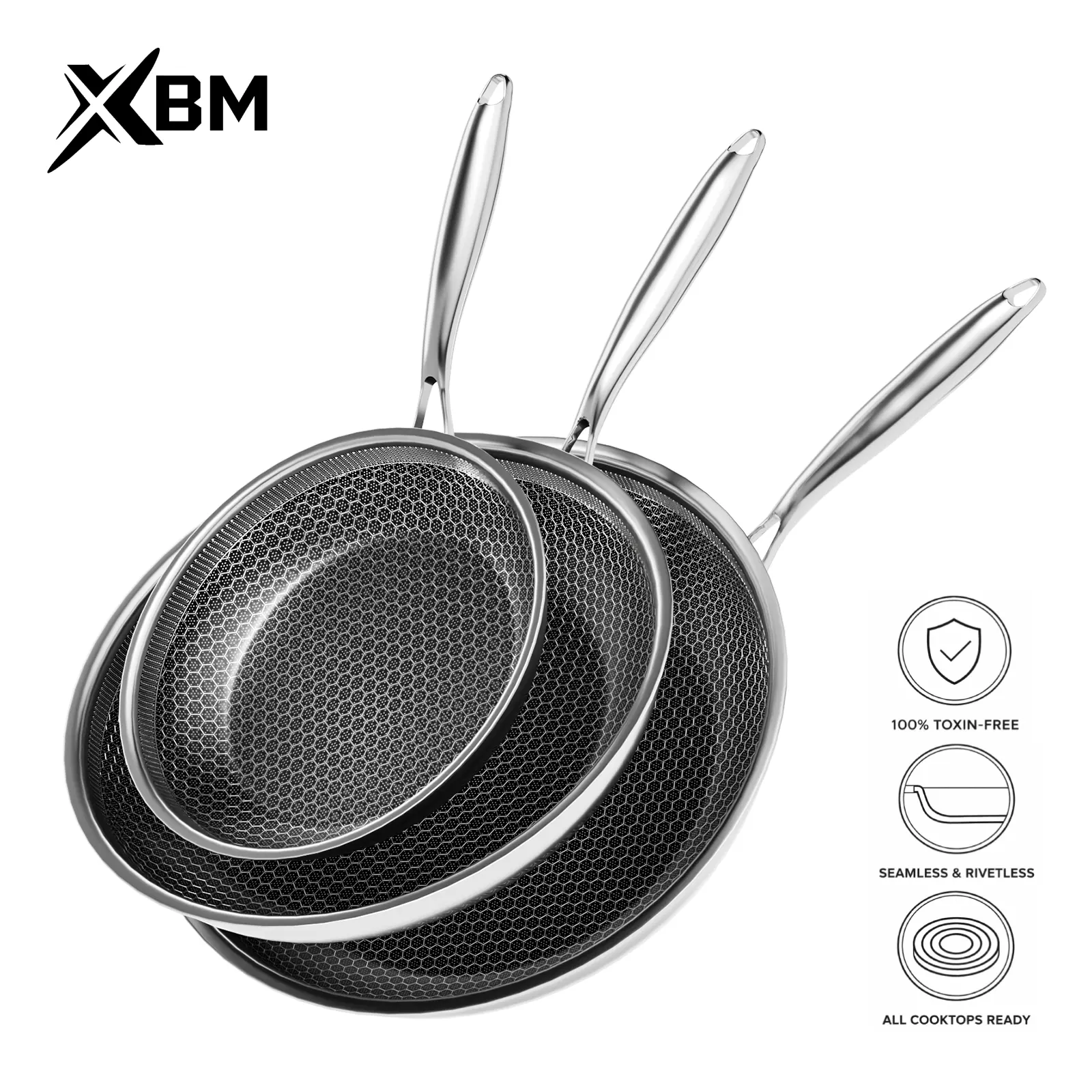 XBM Professional 3-Piece Hybrid Nonstick Frying Pan & Wok Set - Rivetless Seamless Handles, 100% PFOA/PTFE-Free Ceramic Honeycomb Skillets, Tri-Ply Stainless Steel Cookware, Induction & Oven Safe, 8in/10in/12in (Lid Options Available), Non Toxic Cookware,