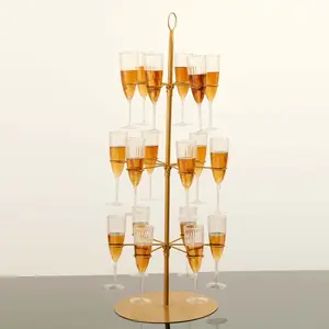 3-Tier Champagne Glass Holder Tower 33" Gold, Stable Metal Flute Display Rack Cocktail Tree Stand for Stylish Drink Presentation