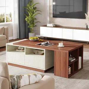 Tribesigns Extendable Coffee Table for Living Room, Adjustable Length with Storage, 2 Drawers & Shelves, White & Walnut