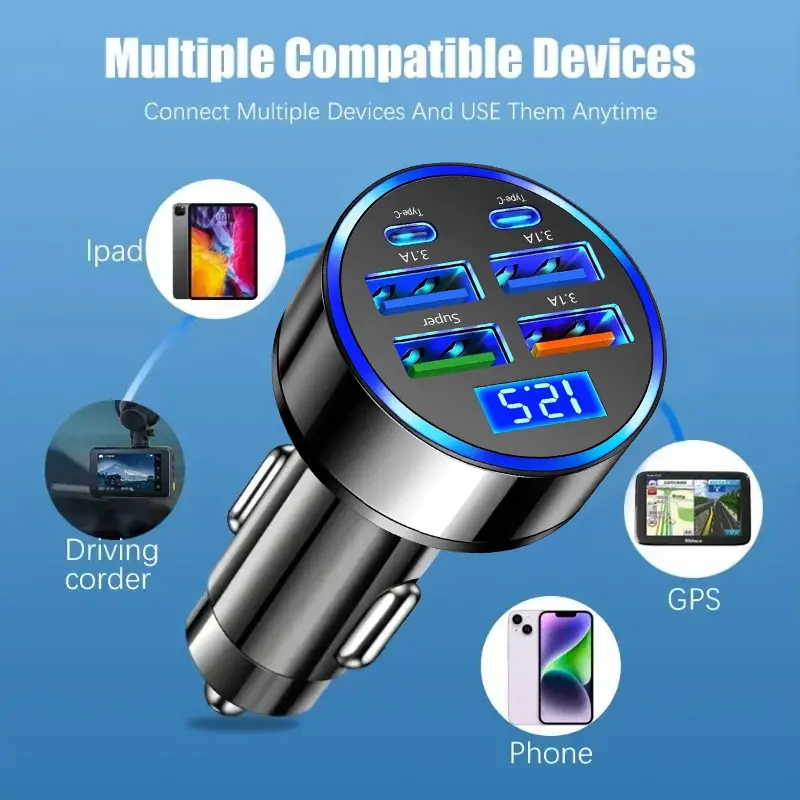 Nuokaiqi 6-in-1 Car Charger Adapter, 66W Fast Charging with 4 USB & 2 Type-C Ports, LED Intelligent Voltage Display, Multi-Port Cigarette Lighter Phone Charger Compatible with iPhone, Samsung, iPad, High Efficiency Charger, Smart Car Charger
