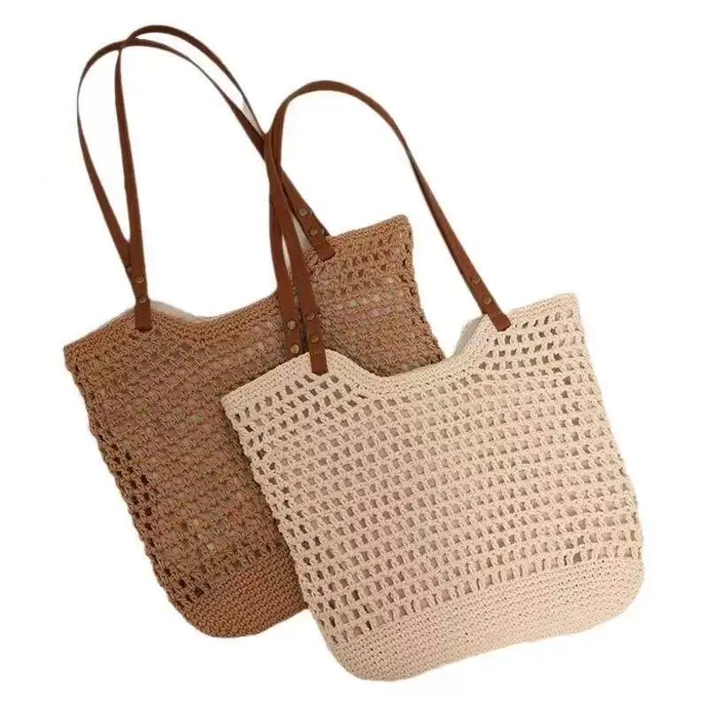 Women's French-Chic Crochet Tote Bag, Spacious Hollow-Out Polyester Shoulder Bag with Magnetic Closure for Beach & Casual Outings, Crochet Tote Bags, Lightweight