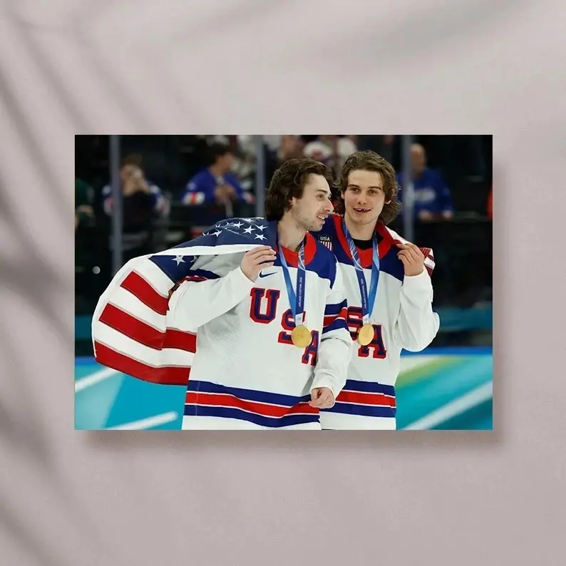 USA Men's Hockey Team Olympic Win Gold Medal Celebration Poster - Unframed 12x18 Card Stock Paper Graphic Print, Multi-Size Sports Wall Decoration with Border, Tube-Shipped Home Decor Item