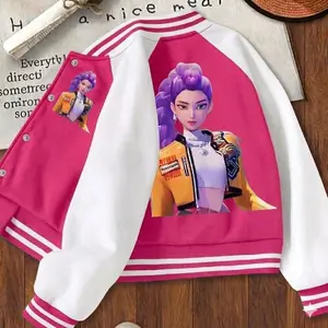 Girls' Collared Short Anime Character Jacket - Cartoon Design, Elastic Fabric, Fitted Style, Fall-Winter School Uniform Outerwear with Pockets