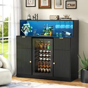Wine Bar Cabinet with Fridge Space, Black Coffee Bar Cabinet with Power Outlet & Led Light, Fluted Mini Fridge Cabinet with Storage Drawers & Doors, Kitchen Sideboard Cabinet(Black)