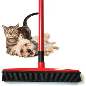 Pet Hair Remover for Carpets & Furniture - 18" Adjustable Length Handle, Dual-Purpose Reusable Rubber Bristles Scraper & Sweeper, Water-Washable Deep Cleaning House Tool for Dog & Cat Hair (Red)