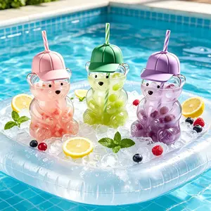 Creative Baseball Cap Bear Glass Cup, High Aesthetic 600ML Straw Water Bottle, Trendy Reusable Drinkware for Daily Use