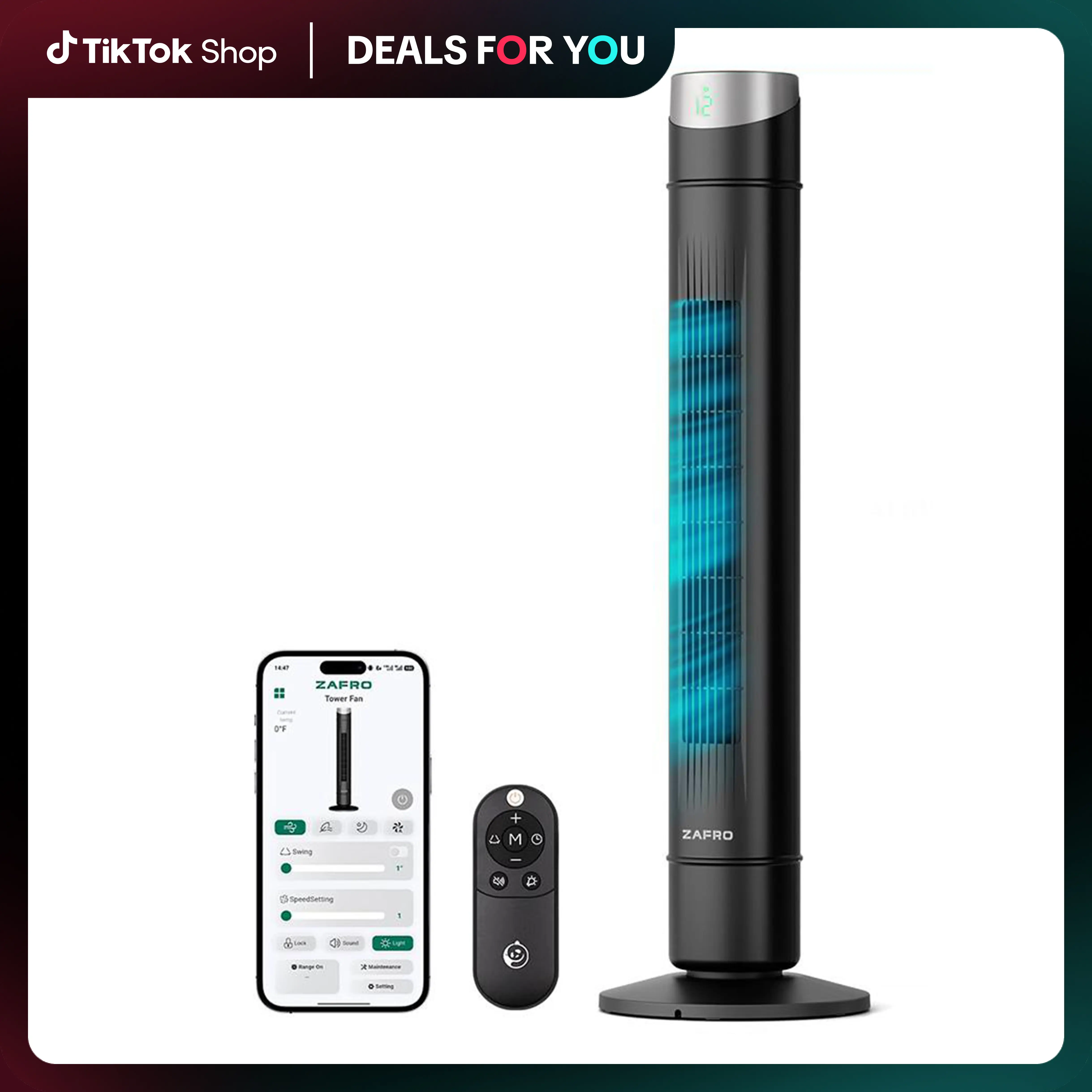 【DealsForYou】ZAFRO 36/42 Inch AC-Powered Floor-Mounted Tower Fan for Bedroom, App Control, 28ft/s Powerful Airflow, 4 Modes, 12 Speeds, 120° Oscillation, 22dB Ultra Quiet, Detachable for Easy Cleaning, Hands-Free Multi-Speed Fans, Hands-Free Tower Fans