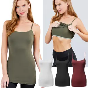 Women's Cotton Long Cami With Built in Shelf Bra Adjustable Spaghetti Strappy Layering Comfortable Casual Soft Basic Yoga Fitness Workout Gym Tank Top