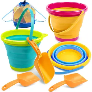 3 Packs Foldable Pail Bucket with Shovels & Mesh Bag, Collapsible Buckets Multi Purpose for Beach, Camping Gear, Beach Party, Fishing, and Fun Summer Activities (Yellow/Blue/Green)