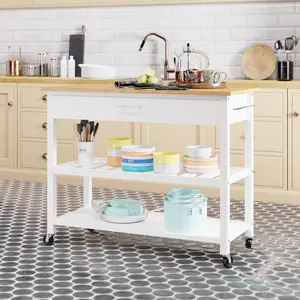 Walsunny 40 In Stable Mobile 2-Layer Wooden Kitchen Organizer Cart, with Worktop & Wheels, Storage Cabinet Racks for Dining Room, White