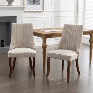Rayon Cloth Flocking Linen Dining Chairs Channel Kitchen Dinner Chair Comfy Fabric Upholstered Accent Chair for Dining Room with Curved Solid Wood Legs,Set of 2