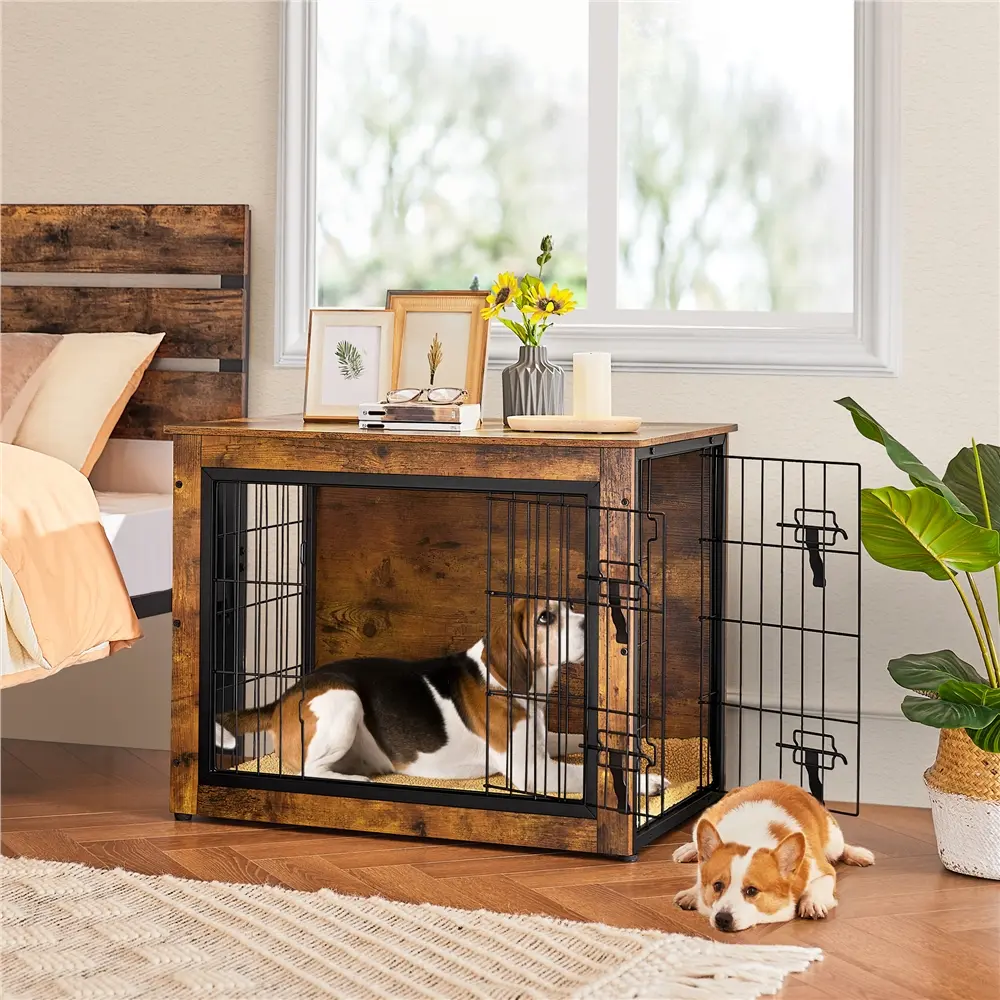 Yaheetech 32/40″ Dog Crate Furniture with Anti-skid Plush Mat Wooden Dog Kennel with Double Doors for Small/Medium Dogs