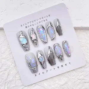 Glitter Metal Silver Press On Nails: Goth Punk Chrome Nail Design