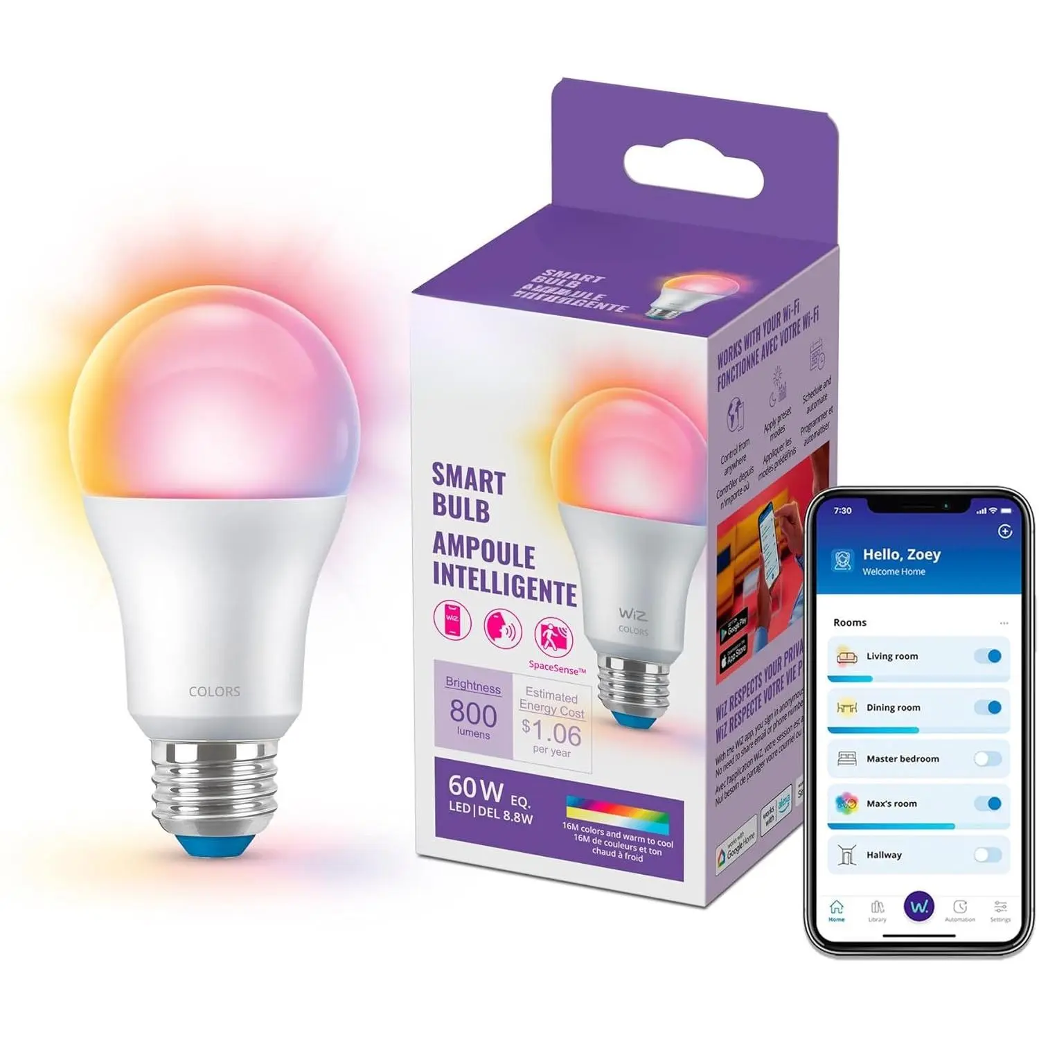 Smart Bulb A19 Shape LED Bulb, 60W 800LM E26 Indoor, 16M Color Changing, Sunset-to-Sunrise Automation, Motion Detection, Voice Control, Brightness Adjustment, Matter Compatible - 1 Pack