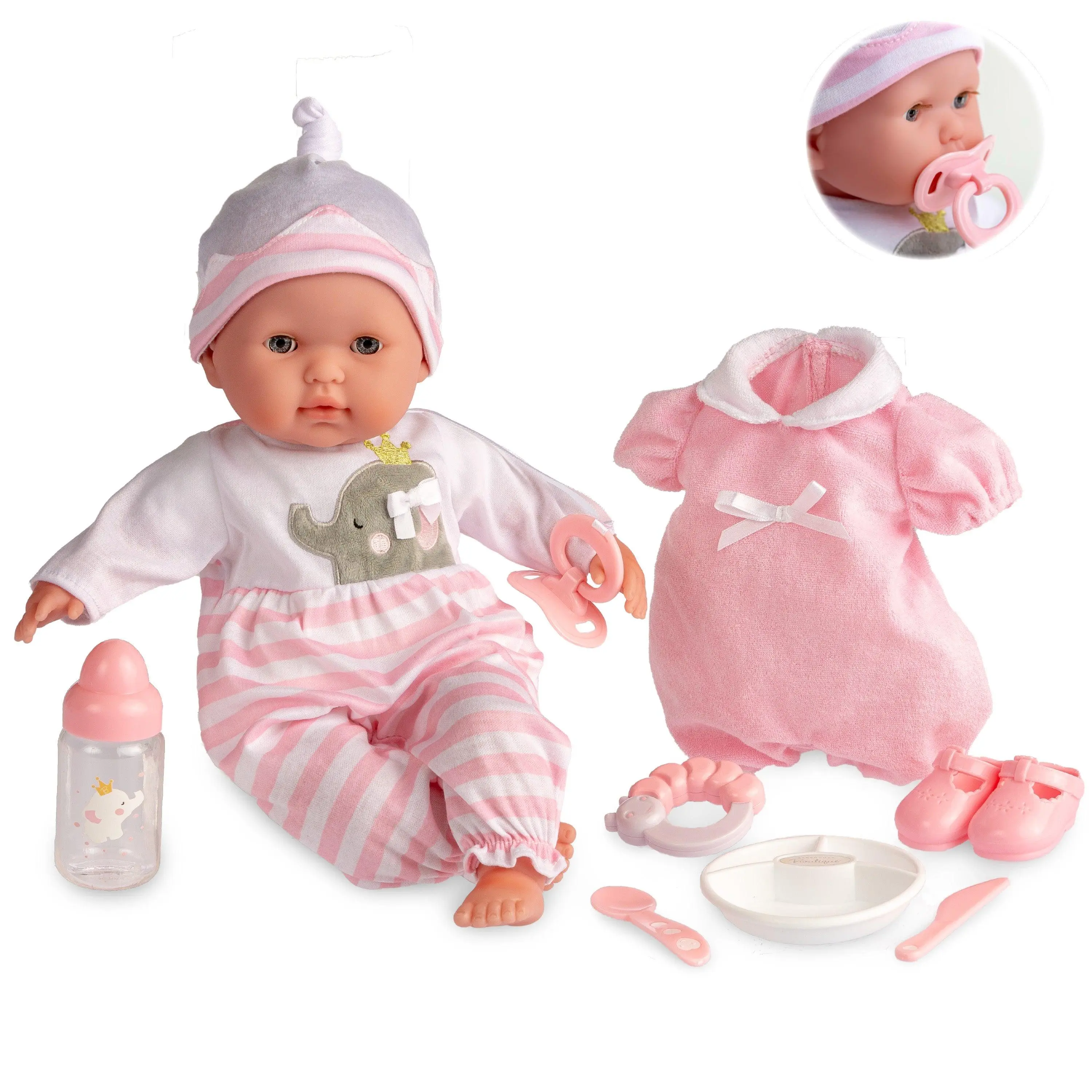 Berenguer Boutique 15" Realistic Soft Body Baby Doll Open/Close Eyes 10 Pcs. Set | Pink | Ages 2+