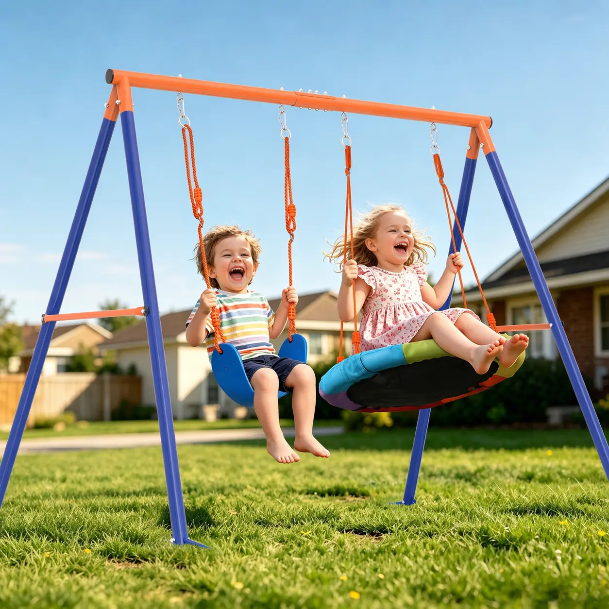 Aowos Swing Set for Kids, Saucer Swing with Heavy-Duty Metal Frame and Adjustable Ropes for Kids Outdoor, Safe Waterproof Round Swing for Backyard Playground Park, Playground for Kids, Rainbow, Birthday, Columpio para niños, Fun Leisure kids outdoor play