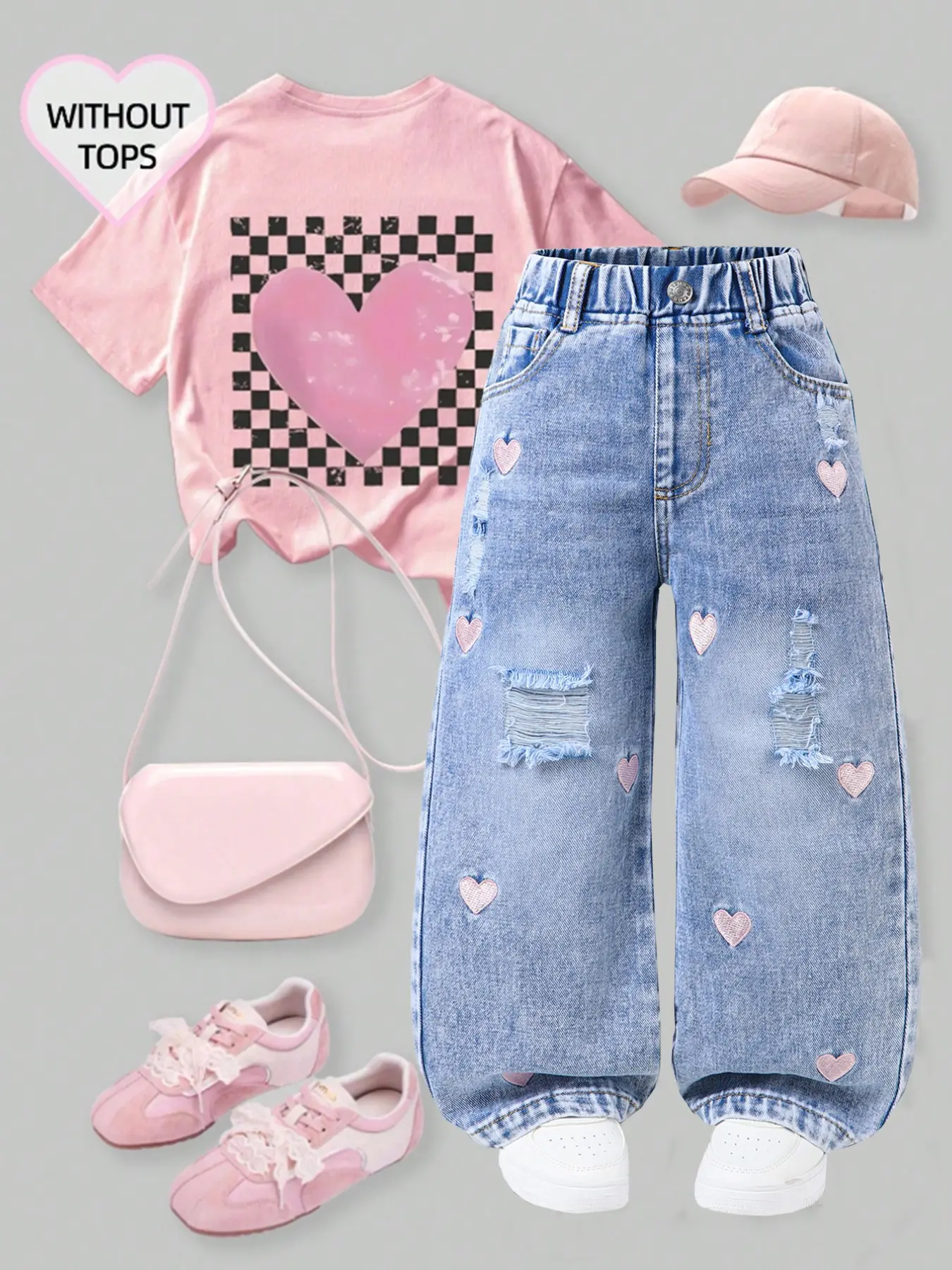 Girls' Denim Wide Leg Jeans, Light Blue Wash, Sweet Cute Casual Style, Heart Embroidery Ripped Design, Soft Comfortable Cotton, Embroidered Bottom