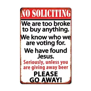 Vintage "No Soliciting" Humorous Metal Tin Sign, Rustic Red & Black, Frameless Wall Art with Sarcastic Message, Perfect for Home & Office Decor, Metal Wall Art Decor