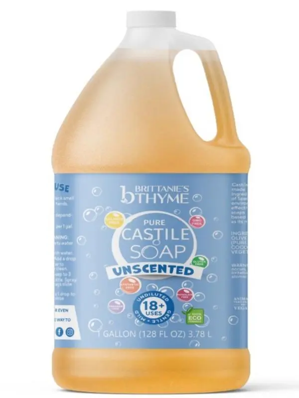 Brittanie's Pure Castile Coconut & Olive Oil Cleanser, Unscented 128oz Gal | All Natural Body Care for Sensitive Skin, Moisturizing Luxurious Formula Safe for Home, Laundry Use