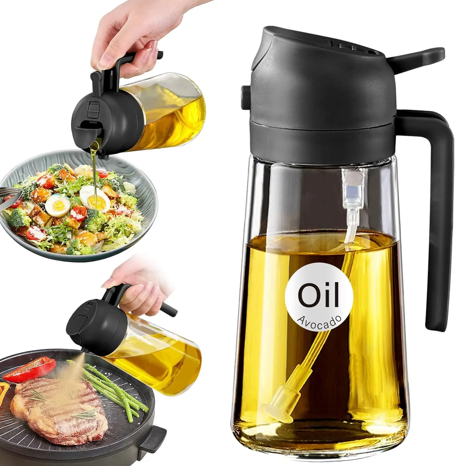 Transparent 16oz/470ml Food Grade Glass&PP Oil Sprayer Dispenser - 2-in-1 Refillable Kitchen Utensil with Pump, Lid, Nozzle, Widemouth, Stickers, Portion Control (Black, Spray&Pour for Salad, Frying)