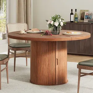 ONBRILL 47 inch Round Dining Table for 4, Circle Kitchen Table with 2-Layer Storage Shelf and a Drawer, Modern Farmhouse Dinner Tables with Sliding Door and Wood Strip Base for Kitchen, Living Room