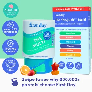 First Day Toddler Multivitamin Gummies Ages 2-3, Natural Strawberry Orange Flavor — 21 Organic Superfoods, 10 Key Nutrients, Vitamin C D3 B12 Choline — Immunity, Brain Development, Energy, Eye Health — 30-Day Supply, Vegan, Non-GMO, No Junk Edible Nutriti