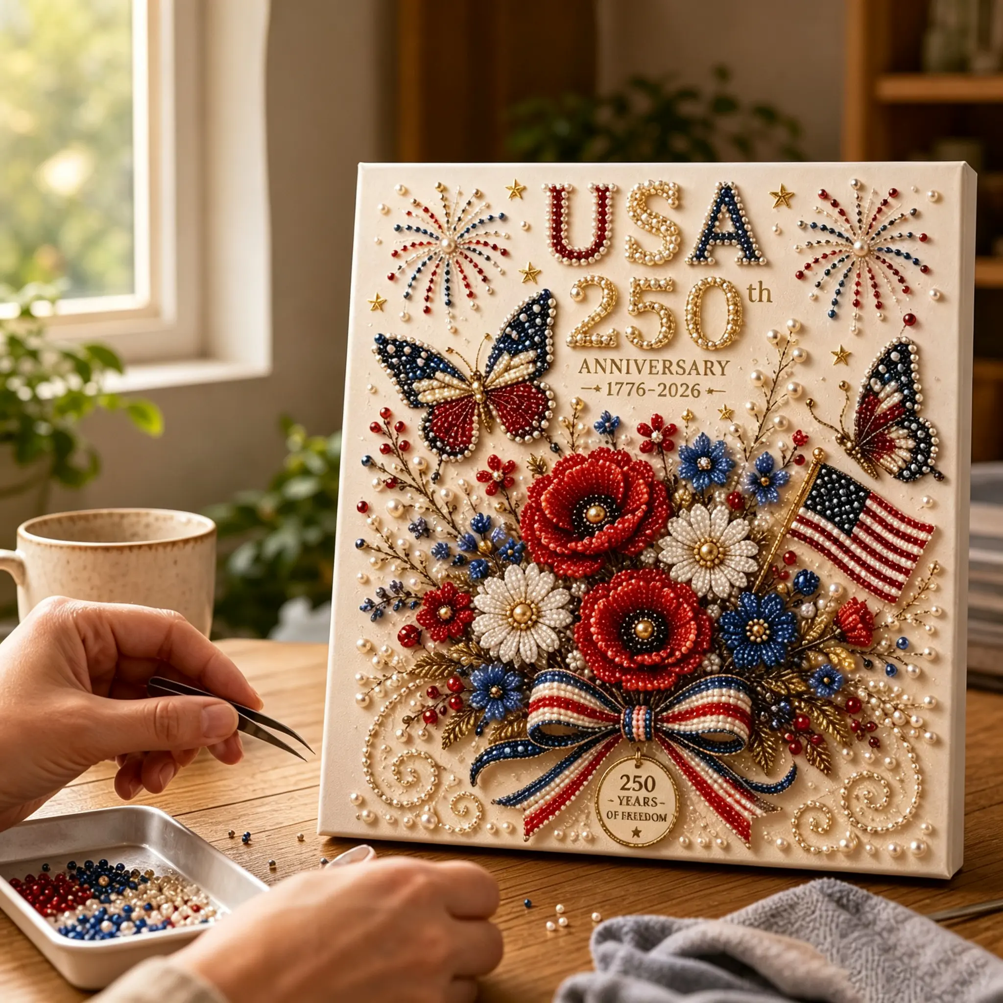 USA 250th Anniversary Diamond Art for DIY Handmade kits,Inspirational 5D Diamond Painting Kits for Beginners, DIY Paint with Round Full Drill Diamond Dots Gem Painting for Adults, Home Decor